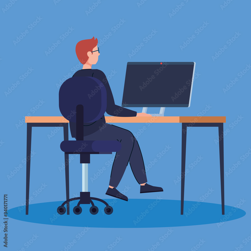 young man with computer in desk vector illustration design young man with computer in desk vector illustration design