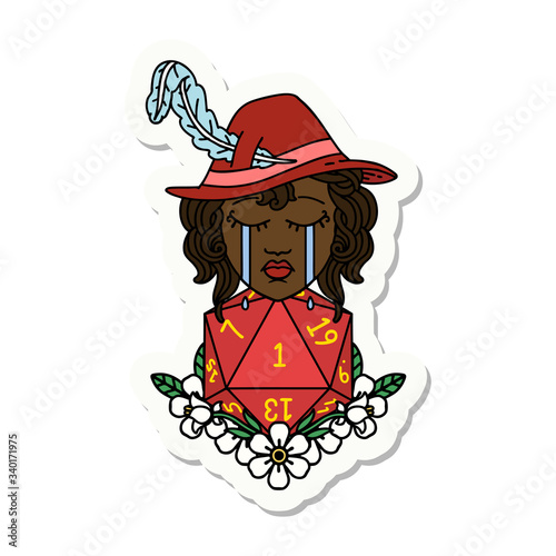 crying human bard with natural one D20 dice roll sticker