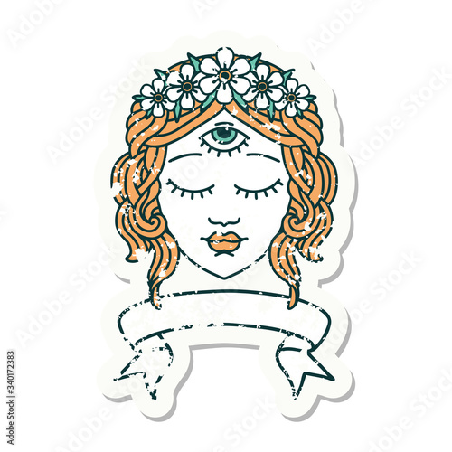 grunge sticker with banner of female face
