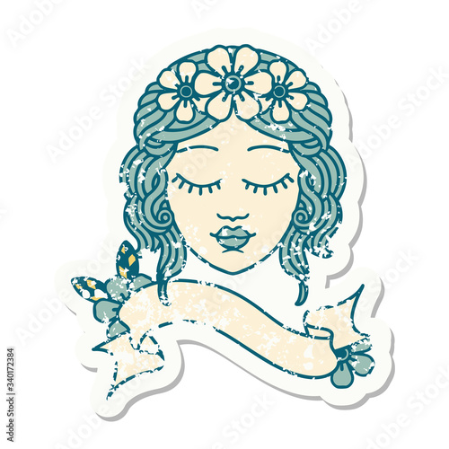 grunge sticker with banner of a maidens face