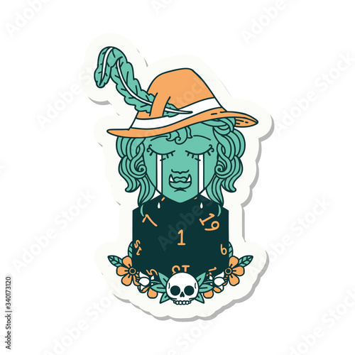 crying bard orc bard character with natural one D20 roll sticker