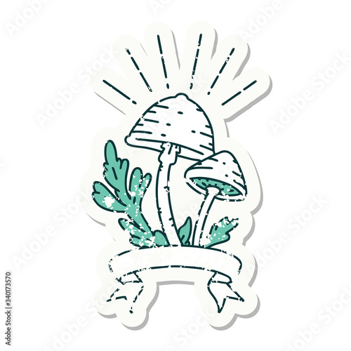 grunge sticker of tattoo style mushrooms