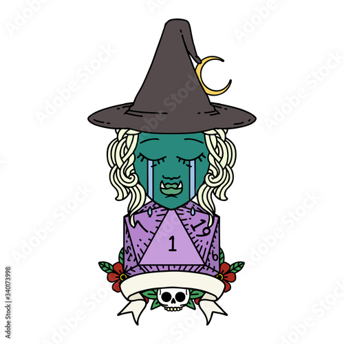 crying half orc witch character with natural one roll illustration