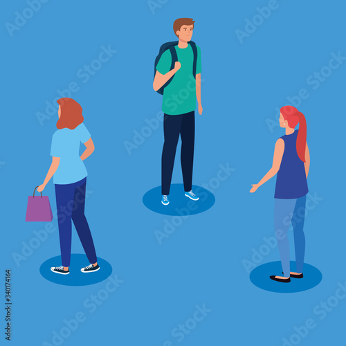 campaign of social distancing for covid 19 with young people vector illustration design
