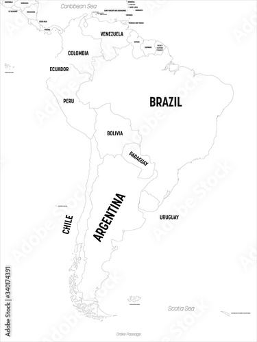 South America map. High detailed political map South American continent with country, capital, ocean and sea names labeling