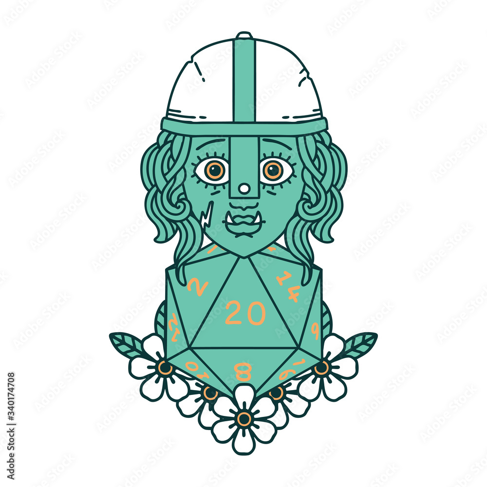 half orc fighter character with natural twenty dice roll illustration