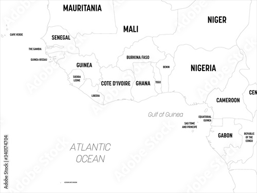 Western Africa map. High detailed political map of western african and Bay of Guinea region with country, capital, ocean and sea names labeling