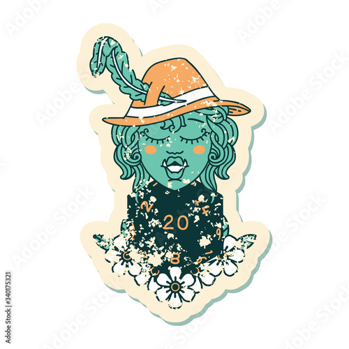 half orc bard with natural twenty dice roll  illustration