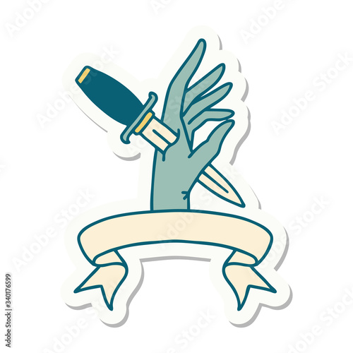 tattoo sticker with banner of a dagger in the hand
