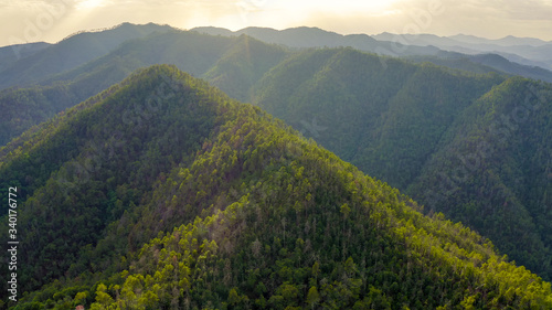 Italy. Forest covered mountains. The territory of Pignone in the region of Liguria, in the province of La Spezia, Aerial View photo