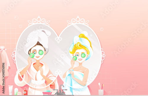 Beautiful Women with Towels on their Heads Using Homemade Facial Mask with Cucumber as Skin Treatment Procedure. People Take Self Care Vector Illustation. Girls Applying Self-made Face Mask 