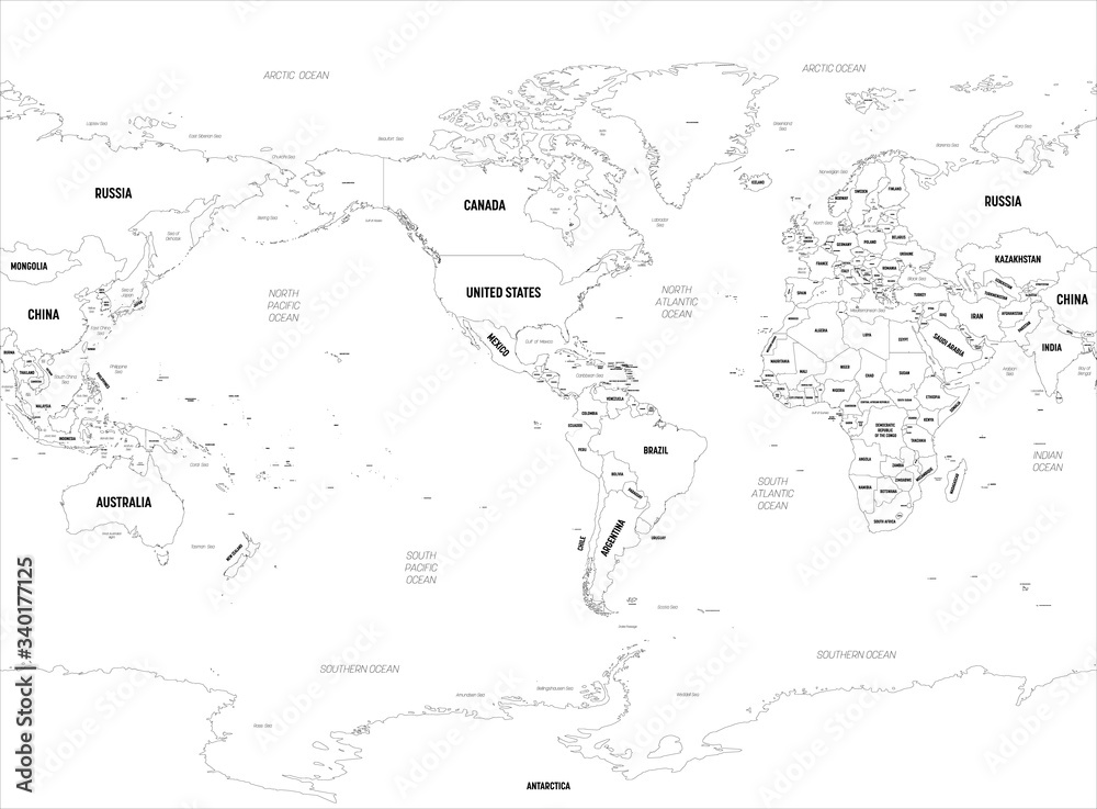 World map - America centered. High detailed political map of World with country, capital, ocean and sea names labeling