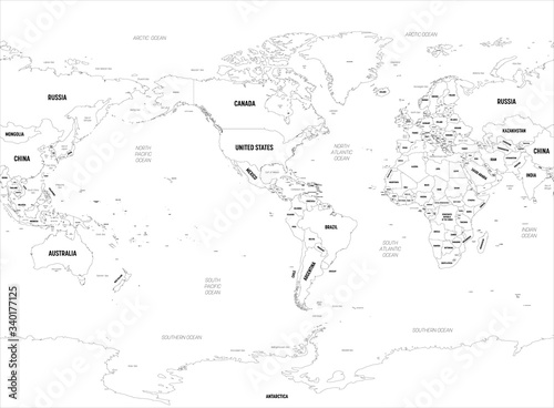 World map - America centered. High detailed political map of World with country, capital, ocean and sea names labeling