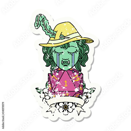 crying orc bard character with natural one D20 roll illustration