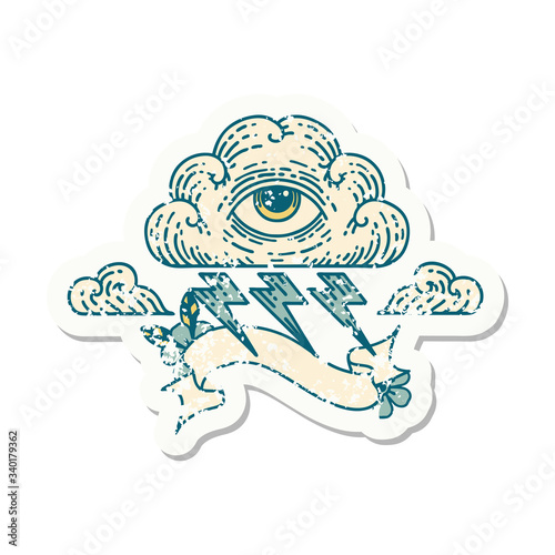 grunge sticker with banner of an all seeing eye cloud