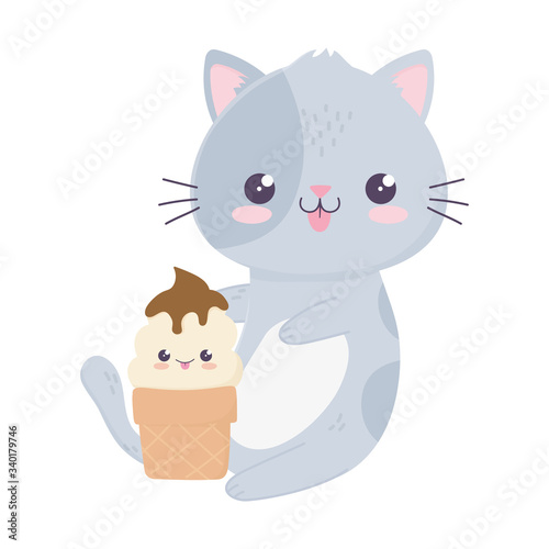 cute little cat with ice cream kawaii cartoon character