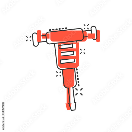 Jackhammer icon in comic style. Demolish package vector illustration on white isolated background. Destroy splash effect business concept.