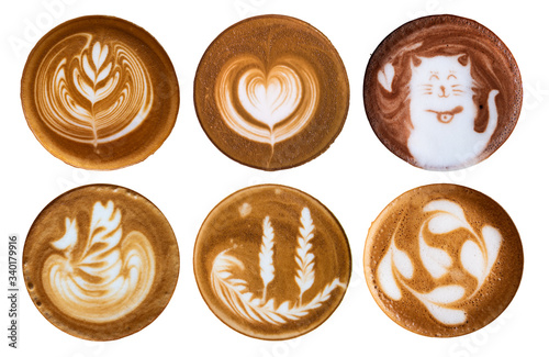 Collection of Latte art coffee on white background isolated.