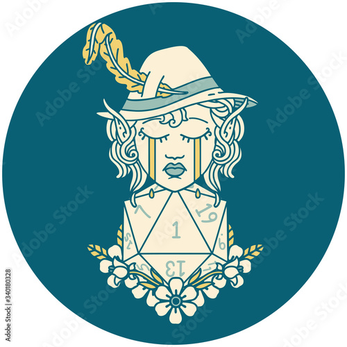 crying elf bard character with natural one D20 roll illustration