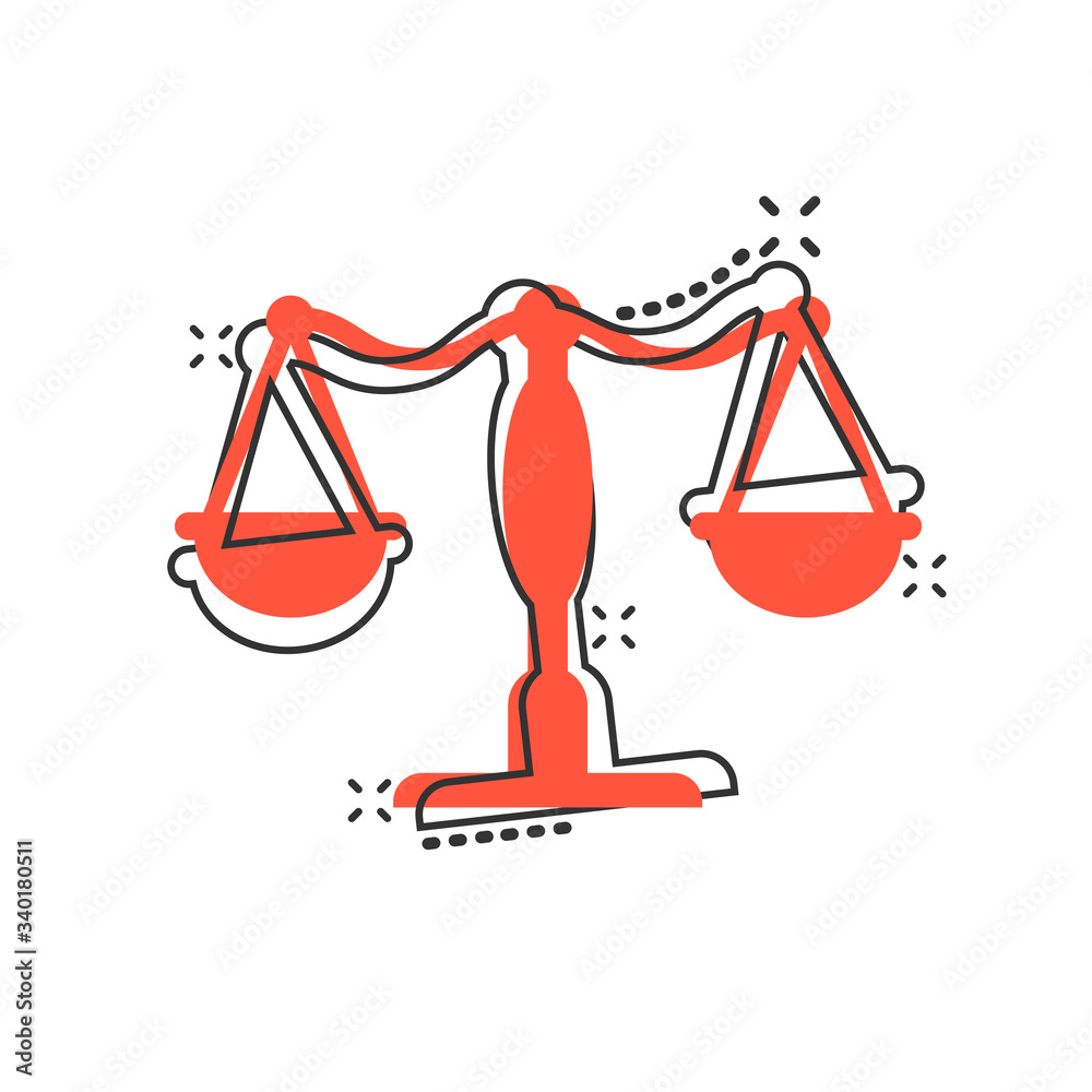 Scale balance icon in comic style. Justice cartoon vector illustration on white isolated background. Judgment splash effect business concept.