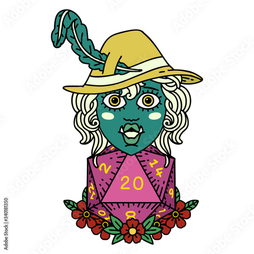 half orc bard with natural twenty dice roll  illustration
