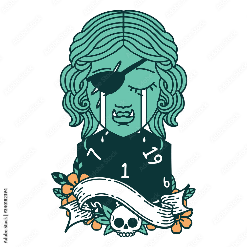 crying orc rogue character face with natural one D20 roll illustration crying orc rogue character face with natural one D20 roll illustration