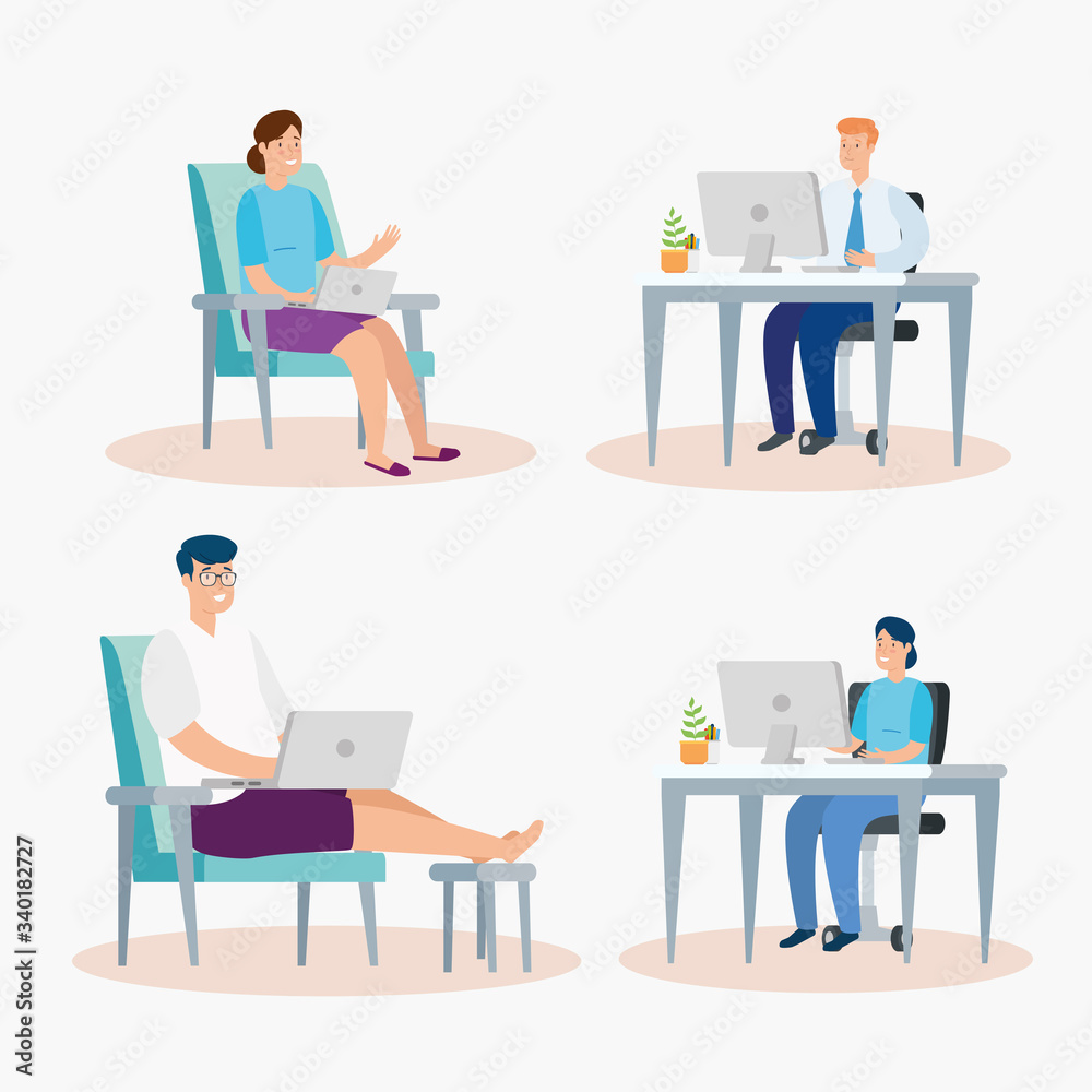 set scenes of young people with computers and laptops vector illustration design set scenes of young people with computers and laptops vector illustration design