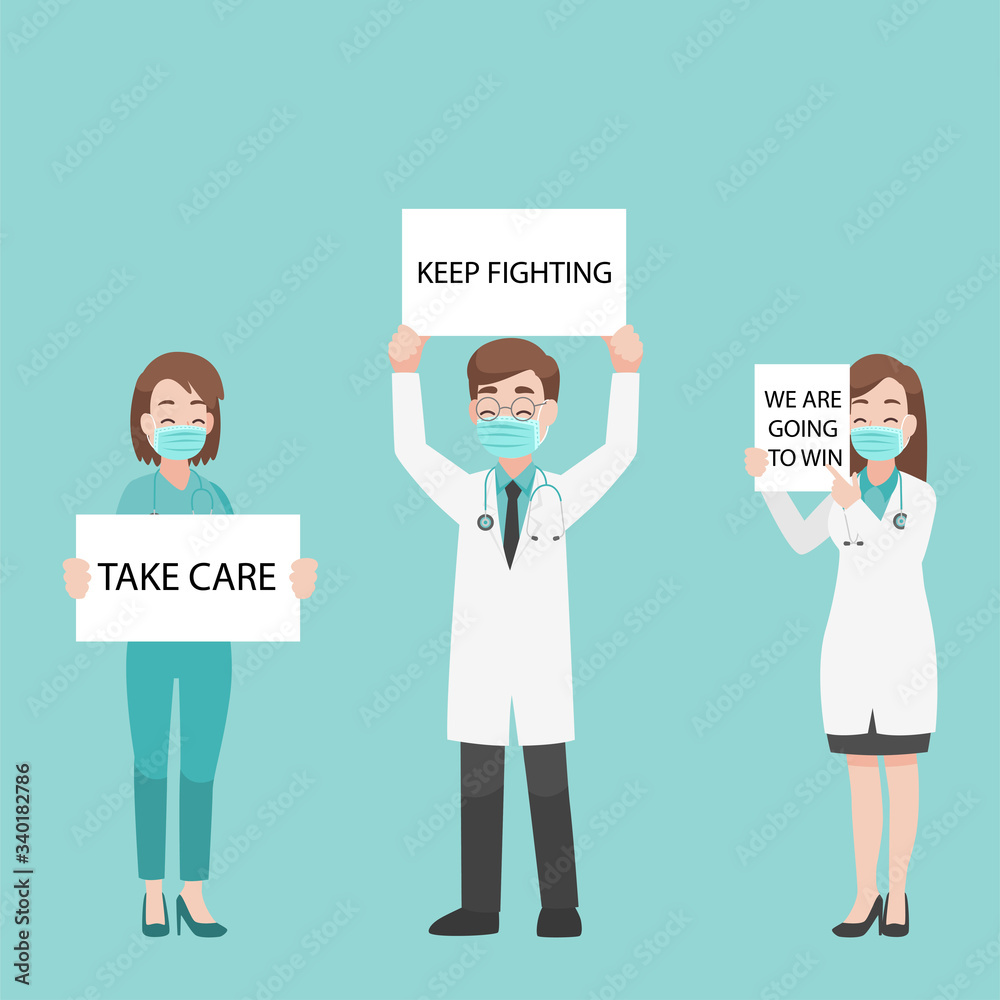 Set of Doctor in personal protective suit wear a surgical protective Medical mask for prevent corona virus catch paper to suggest people take care themselves Set of Doctor in personal protective suit wear a surgical protective Medical mask for prevent corona virus catch paper to suggest people take care themselves