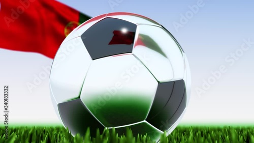 Seamless looping 3d animation of a soccer ball reflecting the flag of Portugal in 4K resolution