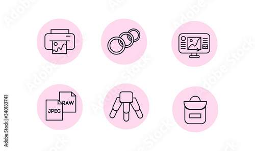 Icons photographer. Photographer equipment icons set on a pink background. Printer, annular lamp, monitor, photo paper, tripod, camera bag