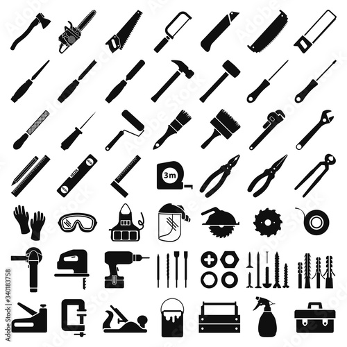 Set icons for carpentry tools, equipment, and protective clothing. Everything you need for a carpenter's workshop, from hand tools to electrical equipment. Vector illustration isolated.