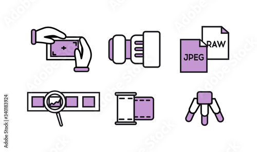 Icons photographer. Photographer equipment icons set purple. Focus, lens, photo paper, camera roll and magnifier, tripod