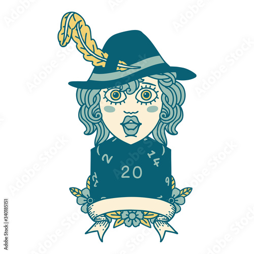 human bard character with natural 20 dice roll illustration