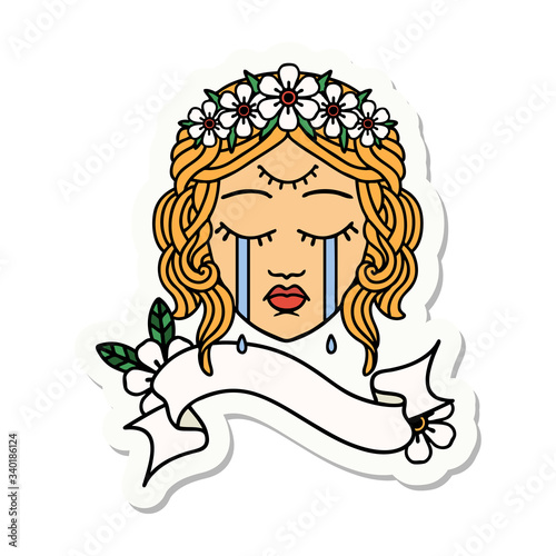 tattoo sticker with banner of female face crying with third eye