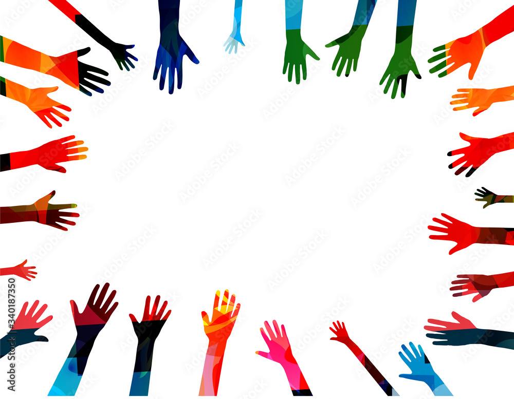 Colorful human hands raised isolated vector illustration. Charity and help, volunteerism, community support and social care concepts