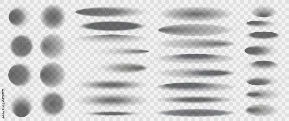 Realistic round shadows. Square transparent surface shades, floor oval and circle blurry edges shadows vector isolated templates set. Template shadow soft, realistic shape shade illustration