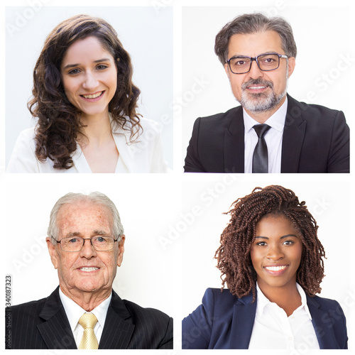 Set of portraits of older managers with younger generation of female workers. Male directors wearing strict official suits. Smiling young female employees dressed formally. Business concept photo