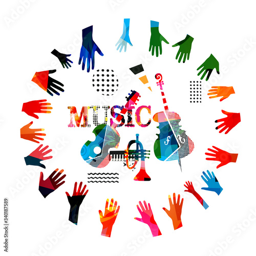 Colorful music promotional poster with violoncello, trumpet, guitar and hands isolated vector illustration. Artistic music background, music show, live concert events, party flyer design template