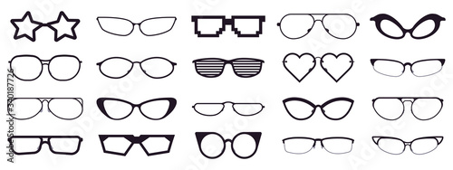 Spectacles silhouette. Glasses frames, optics eyewear and eyeglasses frame. Rim optic lens glasses vector illustration icons set. Eyewear glasses, black various form star and heart