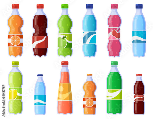 Soda drink bottles. Soft drinks in plastic bottle, sparkling soda and juice drink. Fizzy beverages isolated vector illustration icons set. Beverage drink bottle, water soda juice collection