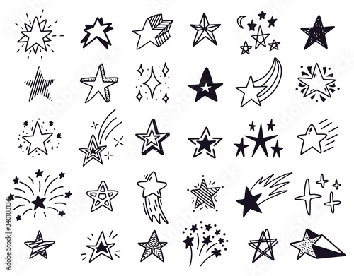 Doodle stars. Hand drawn sketch stars, starry doodles drawing icons. Star shape isolated vector illustration set. Drawing star in sky, black starry outline