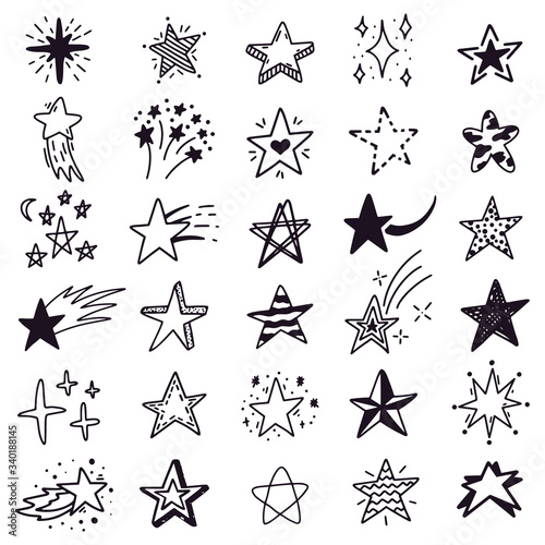 Hand drawn star sketch. Doodle stars sketch, drawing ink starburst and shiny stars. Starry doodles vector illustration icons set. Drawing star in space, starry sparkle cosmic linear art