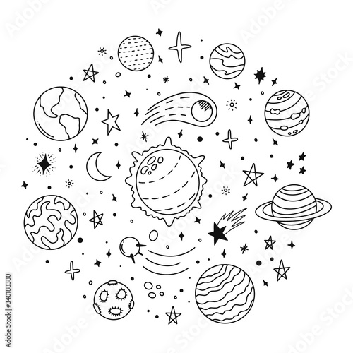 Doodle solar system. Hand drawn sketch planets, cosmic comet and stars,  astronomy space doodles. Celestial solar system vector icons illustration.  Universe and cosmos, moon and planets Stock Vector | Adobe Stock