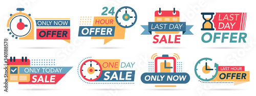 Sale countdown tags. Last minute badges, special countdown offer, only now promotions. One day sale promo stickers vector illustration set. Timer count, countdown announcement discount