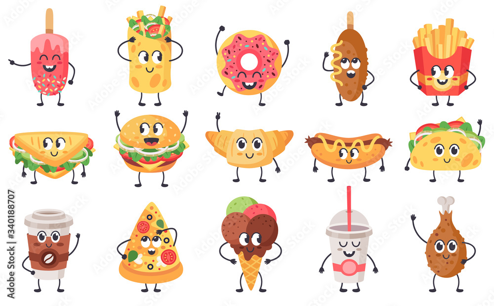 Funny food mascots. Cute doodle junk food mascot, fast food with faces