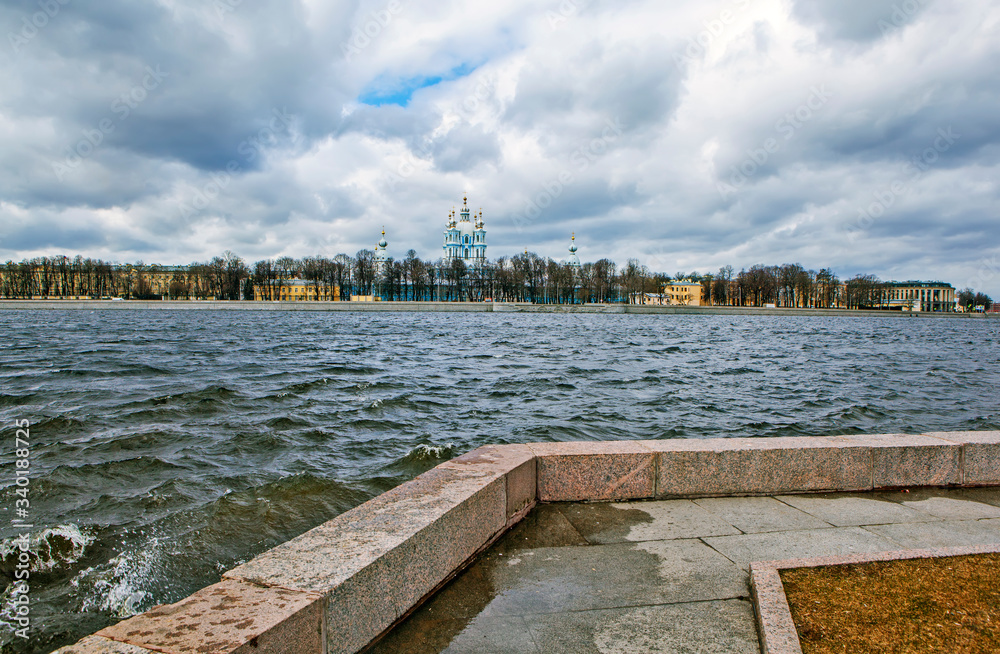 Sverdlovskaya embankment overlooking the Smolny Cathedral. St. Petersburg. Russia