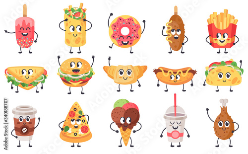 Funny food mascots. Cute doodle junk food mascot, fast food with faces, happy cheeseburger, pizza and croissant vector illustration icons set. Sandwich and snack with face cute, unhealthy meal