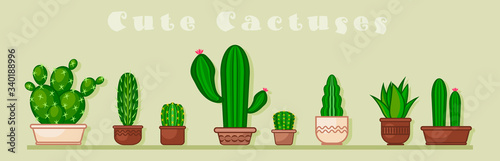Cactus icons in a flat style on background. Home plants cactus in pots and with flowers. A variety of decorative cactus with prickles and without.