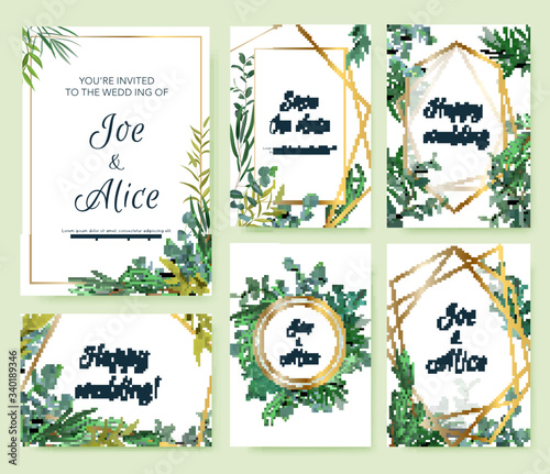 Wedding invitation frames. Floral elegant invite card, floral leaf frames templates. Modern spring gold frames vector illustration set. Invitation wedding botanical card, square frame banner