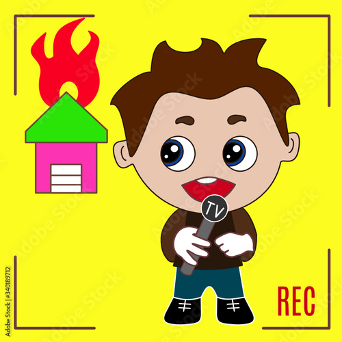 happy boy TV reporter w. microphone that is reporting in live from disaster site, breaking news report about burning house w. roof on fire, emoji with vintage camera REC border inside frame